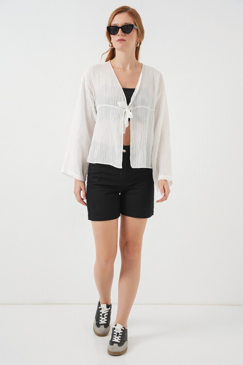 Kadın Önü Bağcıklı Bluz 952 - Beyaz