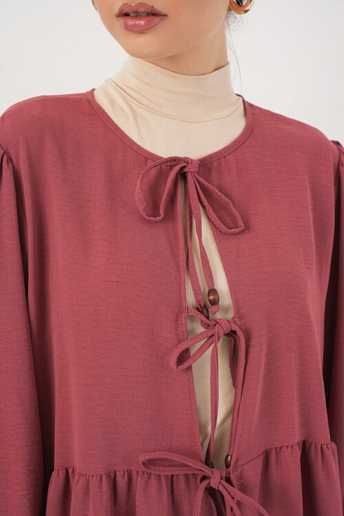 Kadın Önü Bağcıklı Tunik Pantolon İkili Takım 6744 - Gül Kurusu