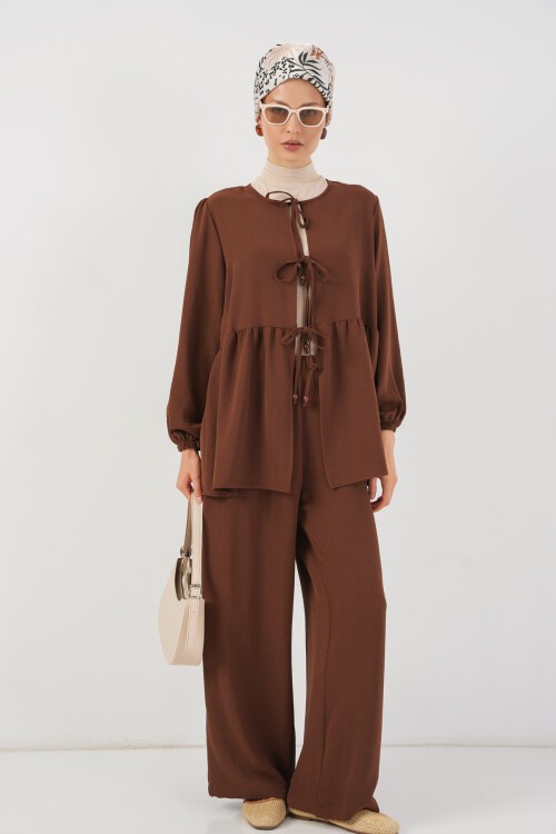 Kadın Önü Bağcıklı Tunik Pantolon İkili Takım 6744 - Kahverengi