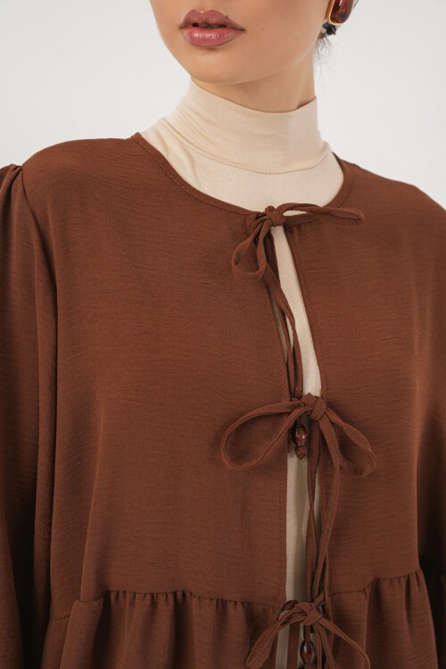 Kadın Önü Bağcıklı Tunik Pantolon İkili Takım 6744 - Kahverengi