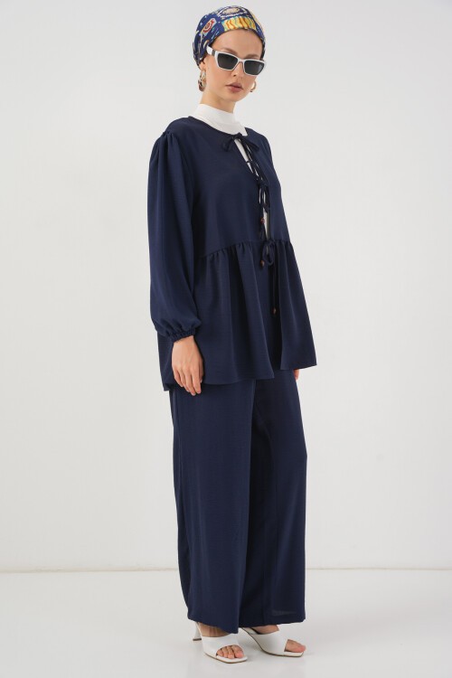 Kadın Önü Bağcıklı Tunik Pantolon İkili Takım 6744 - Lacivert