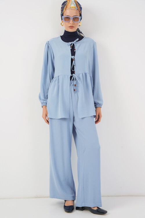 Kadın Önü Bağcıklı Tunik Pantolon İkili Takım 6744 - Mavi