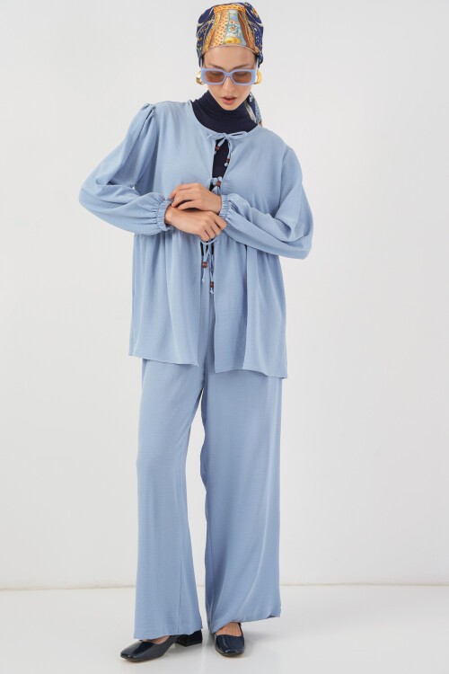 Kadın Önü Bağcıklı Tunik Pantolon İkili Takım 6744 - Mavi