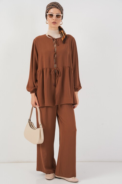 Kadın Önü Bağcıklı Tunik Pantolon İkili Takım 6744 - Taba