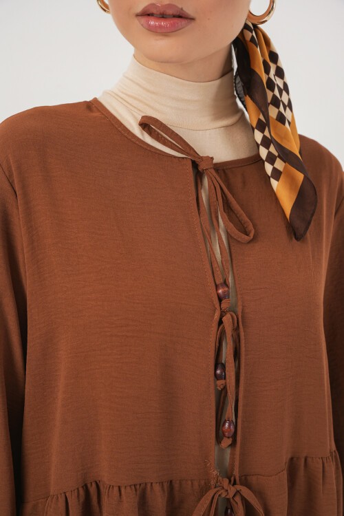 Kadın Önü Bağcıklı Tunik Pantolon İkili Takım 6744 - Taba