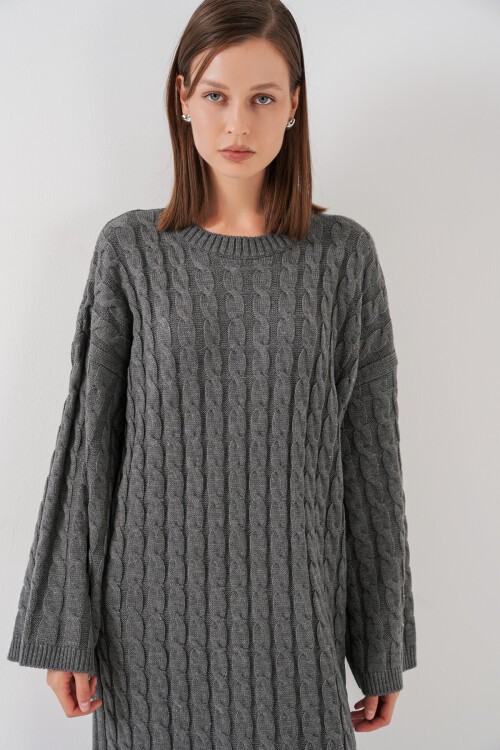 Kadın Örgülü Uzun Tiko Elbise 15944 - Antrasit