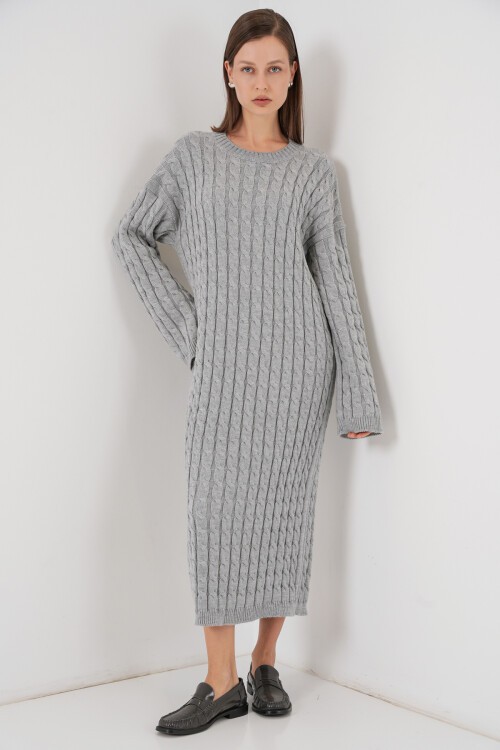 Kadın Örgülü Uzun Tiko Elbise 15944 - Gri