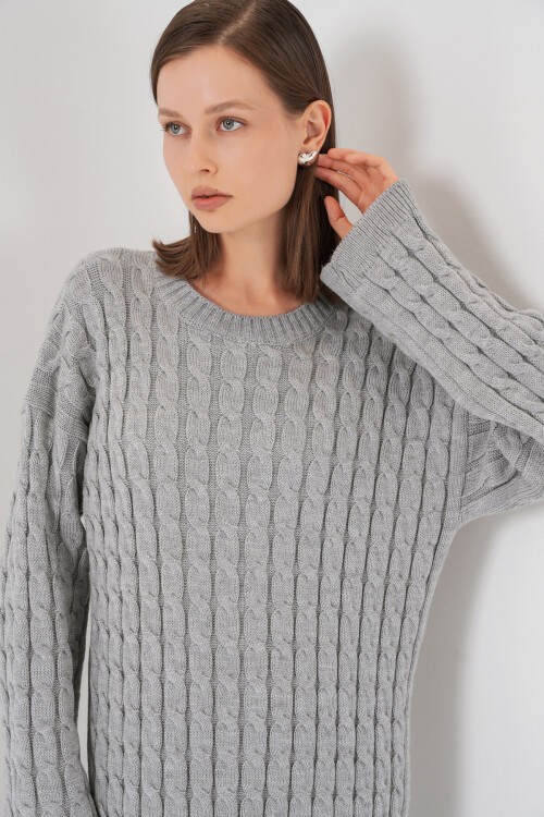 Kadın Örgülü Uzun Tiko Elbise 15944 - Gri