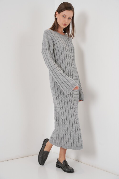 Kadın Örgülü Uzun Tiko Elbise 15944 - Gri