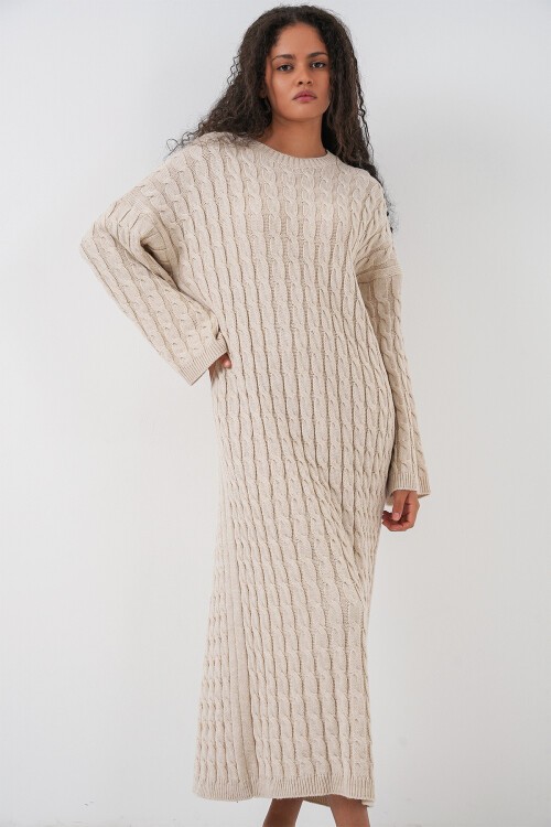 Kadın Örgülü Uzun Tiko Elbise 15944 - Krem