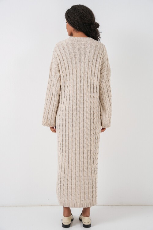 Kadın Örgülü Uzun Tiko Elbise 15944 - Krem