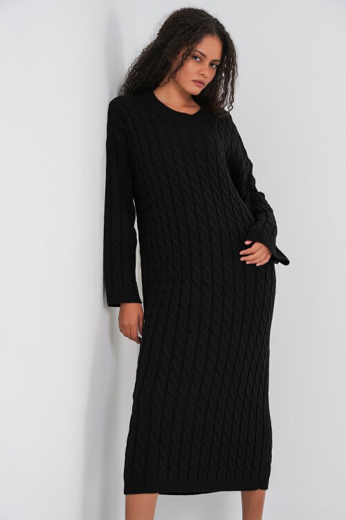 Kadın Örgülü Uzun Tiko Elbise 15944 - Siyah