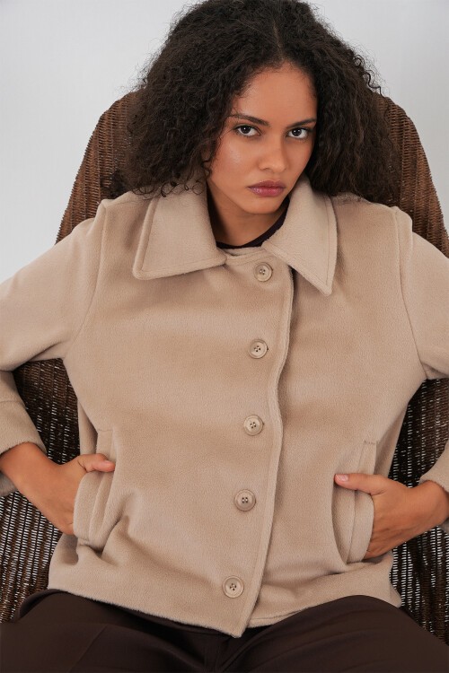 Kadın Oversize Astarlı Kısa Kaşe Ceket 0726 - Bej
