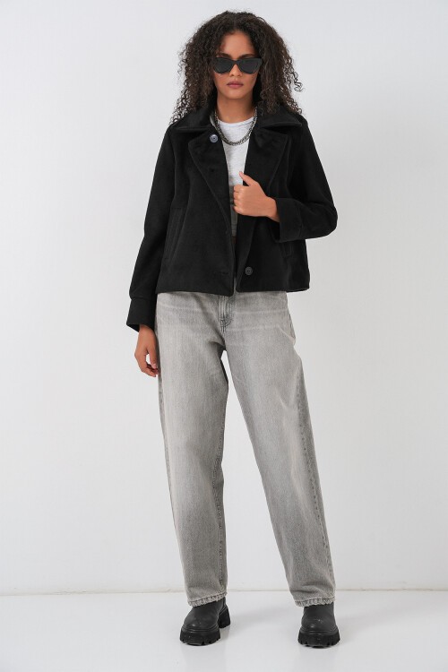 Kadın Oversize Astarlı Kısa Kaşe Ceket 0726 - Siyah