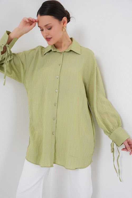 Kadın Oversize Bağcıklı Gömlek 5954 - E.Yeşil