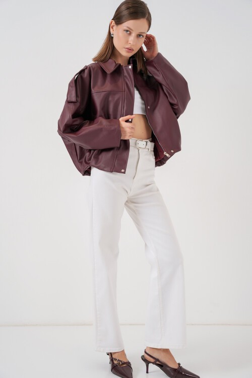 Kadın Oversize Deri Ceket 1055 - Bordo