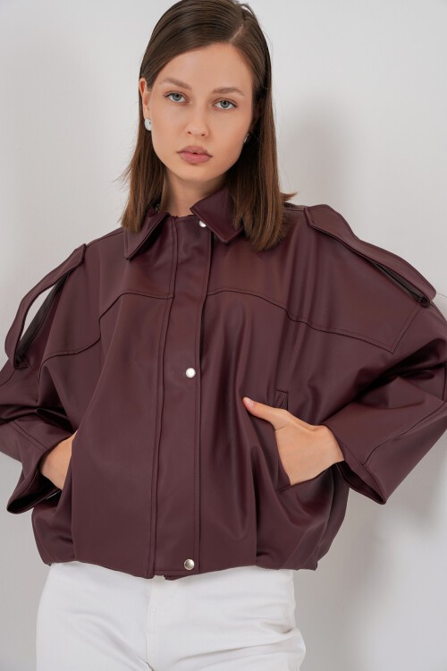 Kadın Oversize Deri Ceket 1055 - Bordo