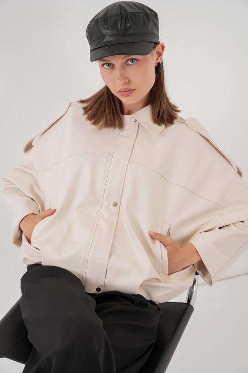 Kadın Oversize Deri Ceket 1055 - Ekru