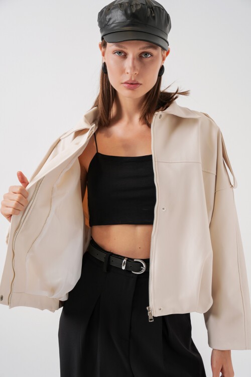 Kadın Oversize Deri Ceket 1055 - Ekru