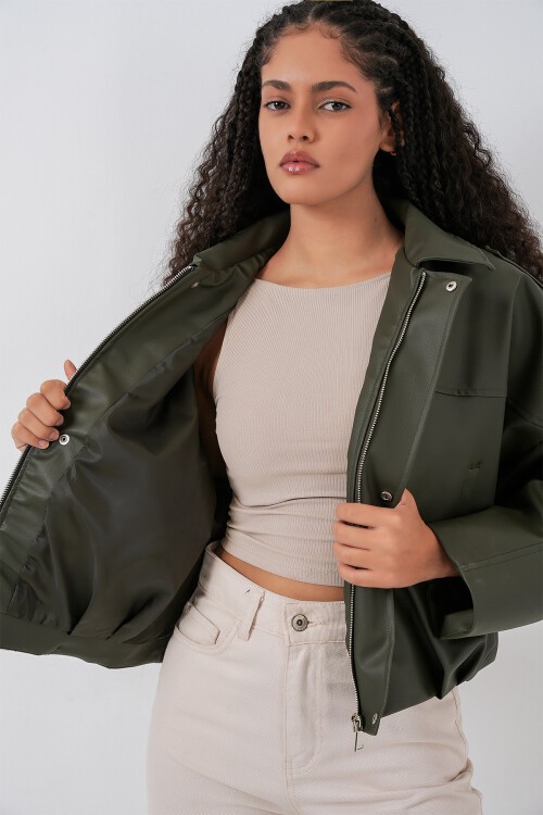 Kadın Oversize Deri Ceket 1055 - Haki