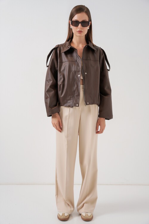 Kadın Oversize Deri Ceket 1055 - Kahverengi