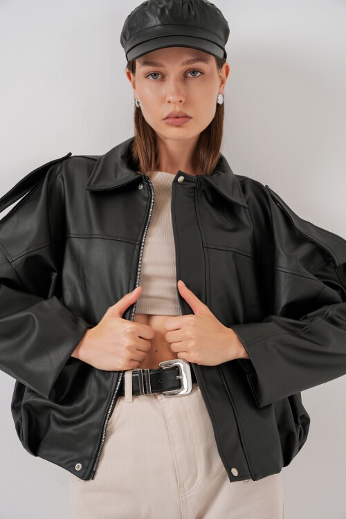 Kadın Oversize Deri Ceket 1055 - Siyah