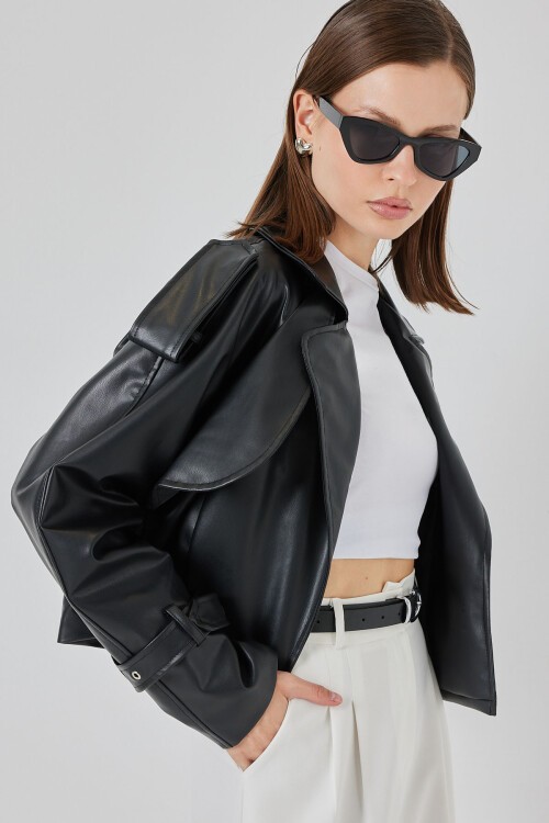 Kadın Oversize Deri Mont Ceket 1047 - Siyah