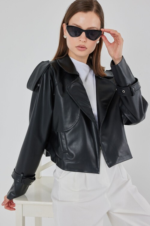 Kadın Oversize Deri Mont Ceket 1047 - Siyah