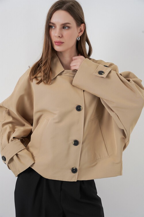 Kadın Oversize Kısa Trençkot 5977 - Bej