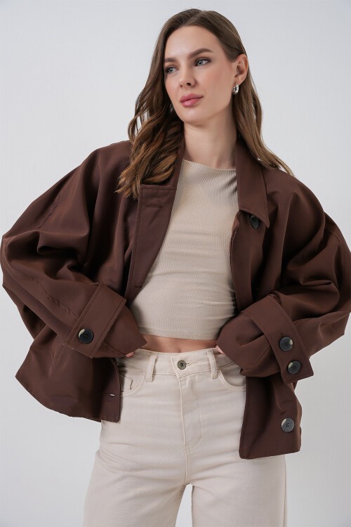 Kadın Oversize Kısa Trençkot 5977 - Kahverengi