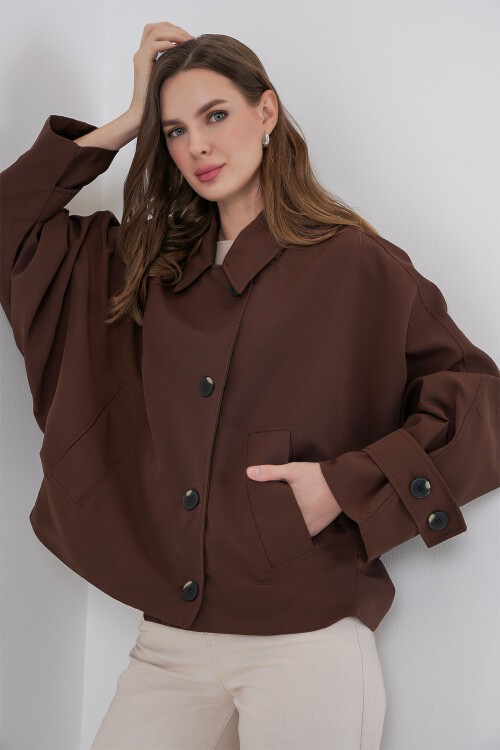 Kadın Oversize Kısa Trençkot 5977 - Kahverengi
