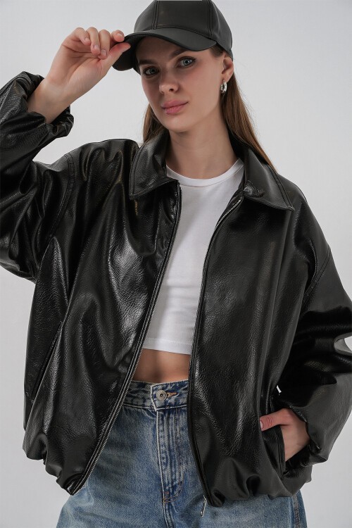 Kadın Oversize Suni Deri Ceket 1049 - Siyah