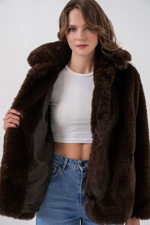 Kadın Peluş Kürk Mont 5234 - Kahverengi