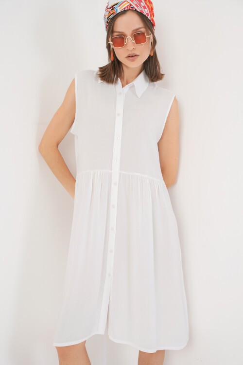 Kadın Sıfır Kol Midi Elbise 2563 - Beyaz