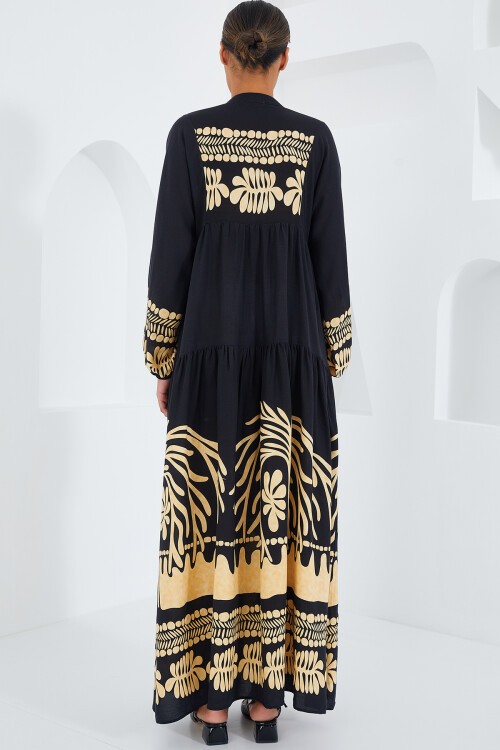 Kadın Siyah Hardal Viskon Tesettür Elbise 2423