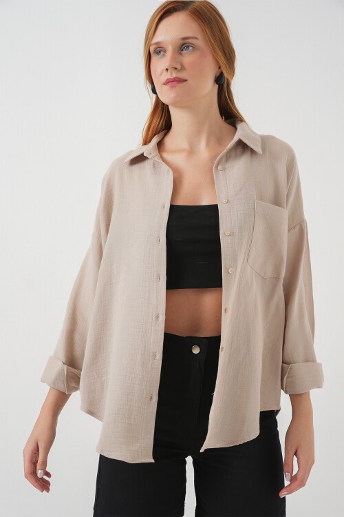 Kadın Tek Cepli Oversize Müslin Gömlek 20353 - Bej