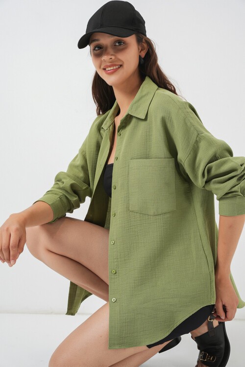 Kadın Tek Cepli Oversize Müslin Gömlek 20353 - Çağla