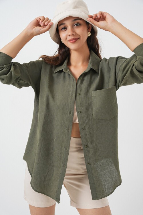 Kadın Tek Cepli Oversize Müslin Gömlek 20353 - Haki