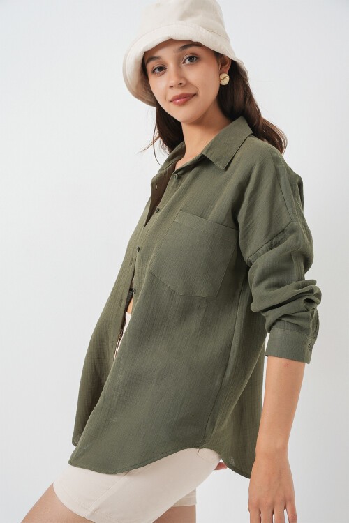 Kadın Tek Cepli Oversize Müslin Gömlek 20353 - Haki