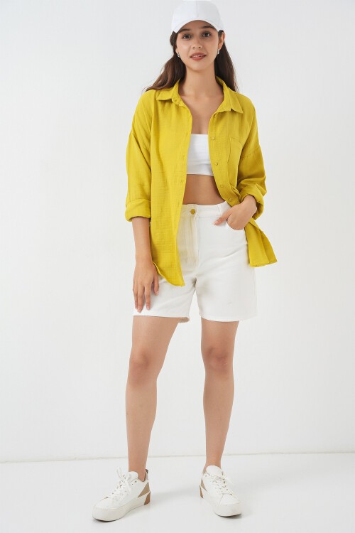 Kadın Tek Cepli Oversize Müslin Gömlek 20353 - Hardal