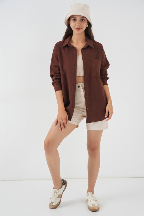 Kadın Tek Cepli Oversize Müslin Gömlek 20353 - Kahverengi