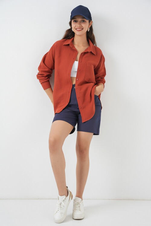 Kadın Tek Cepli Oversize Müslin Gömlek 20353 - Kiremit