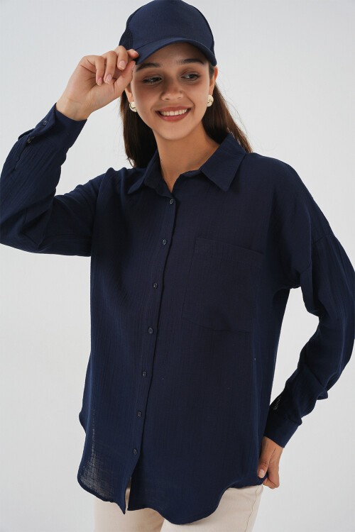 Kadın Tek Cepli Oversize Müslin Gömlek 20353 - Lacivert