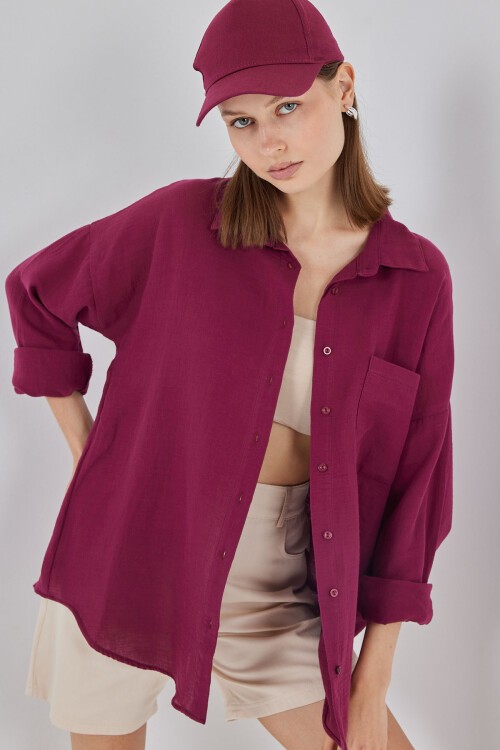 Kadın Tek Cepli Oversize Müslin Gömlek 20353 - Mürdüm