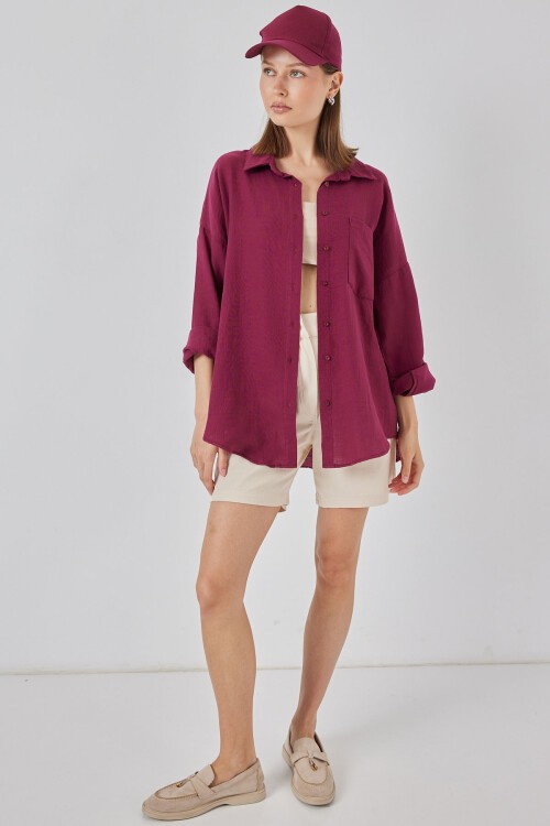 Kadın Tek Cepli Oversize Müslin Gömlek 20353 - Mürdüm