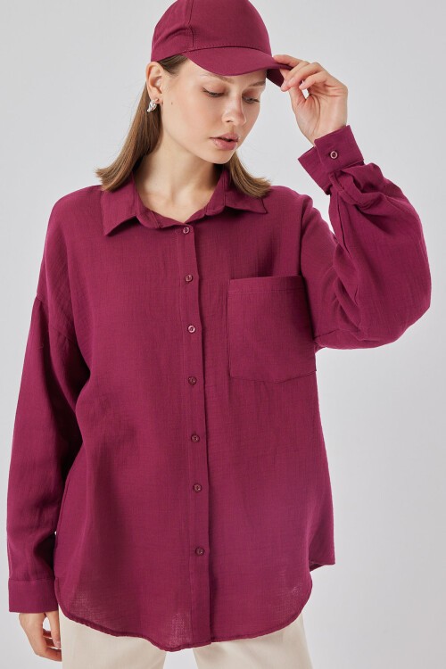 Kadın Tek Cepli Oversize Müslin Gömlek 20353 - Mürdüm