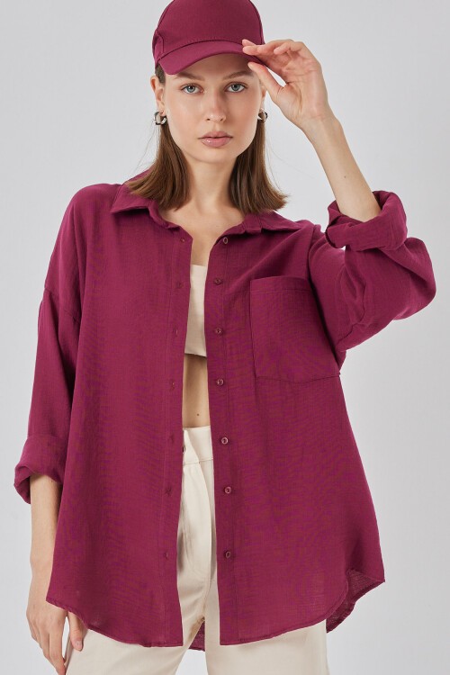 Kadın Tek Cepli Oversize Müslin Gömlek 20353 - Mürdüm