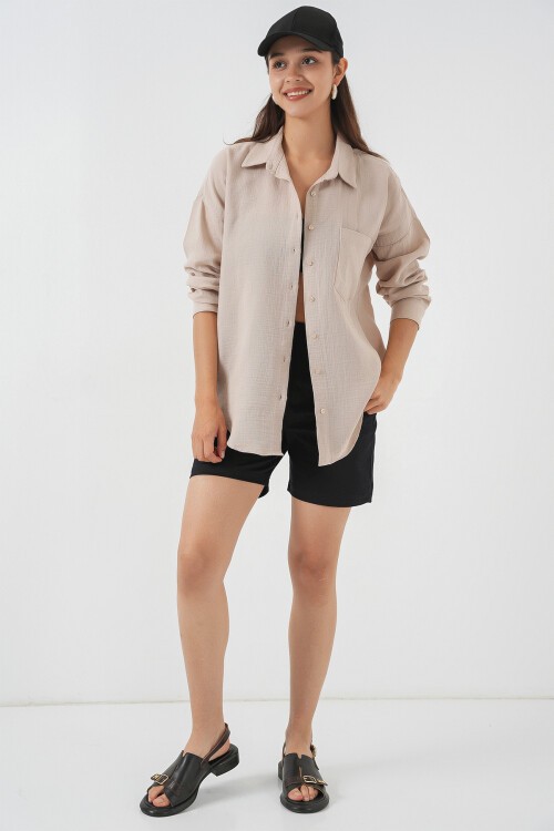 Kadın Tek Cepli Oversize Müslin Gömlek 20353 - Taş