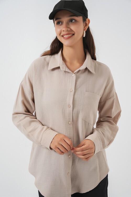 Kadın Tek Cepli Oversize Müslin Gömlek 20353 - Taş