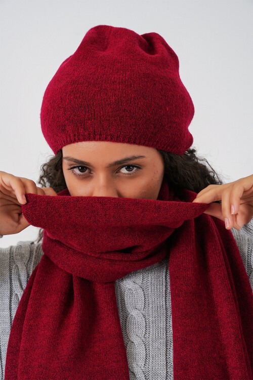 Kadın Triko Atkı Bere 15939 - Bordo